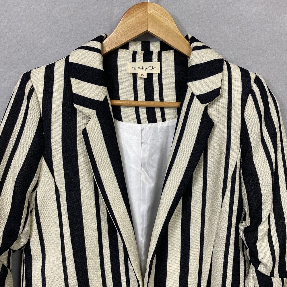 The Vintage Shop Women Small Blazer Black Ivory Striped Scrunched Sleeve VIJ2004